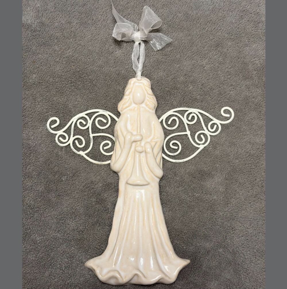 Vintage White Glazed Ceramic Angel 9" Christmas Ornament Whimsical Wire Wings